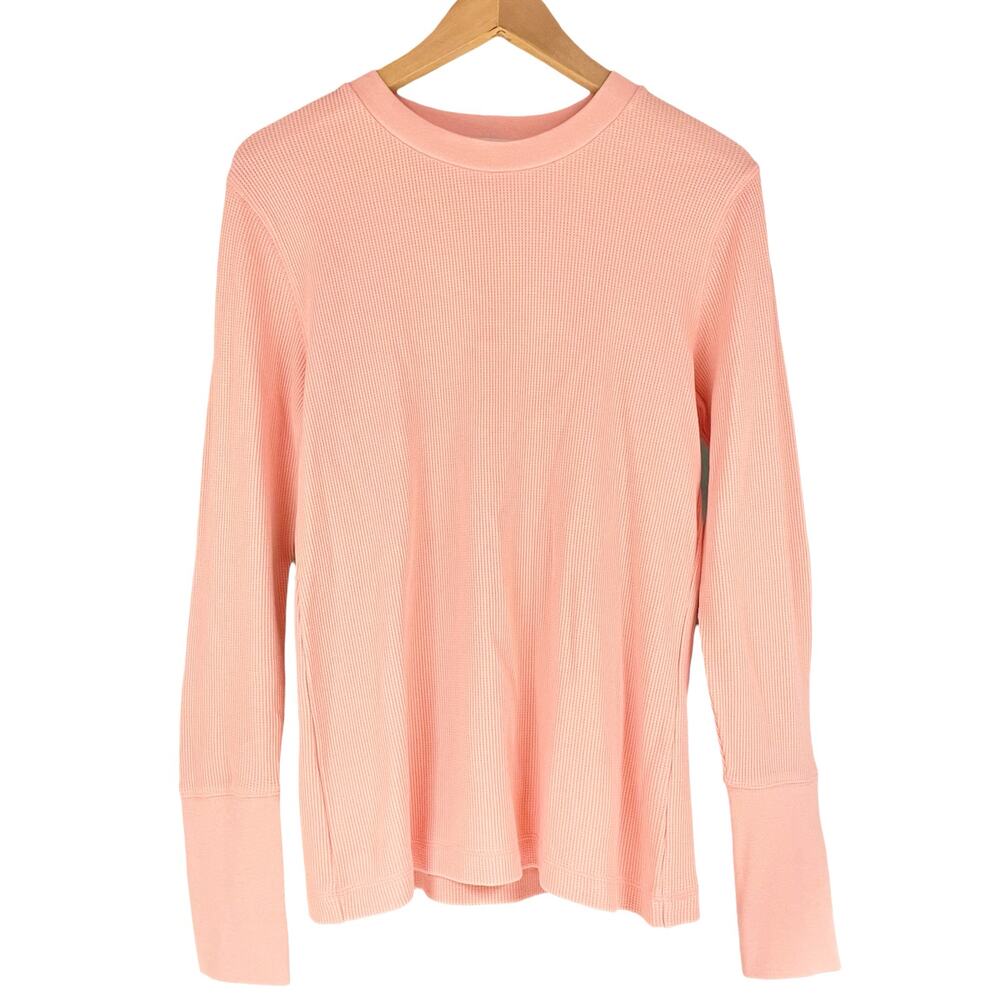 SUNDANCE Waffle-Knit Velvet Trim Crewneck Thermal Top in Light Coral Pink Size M